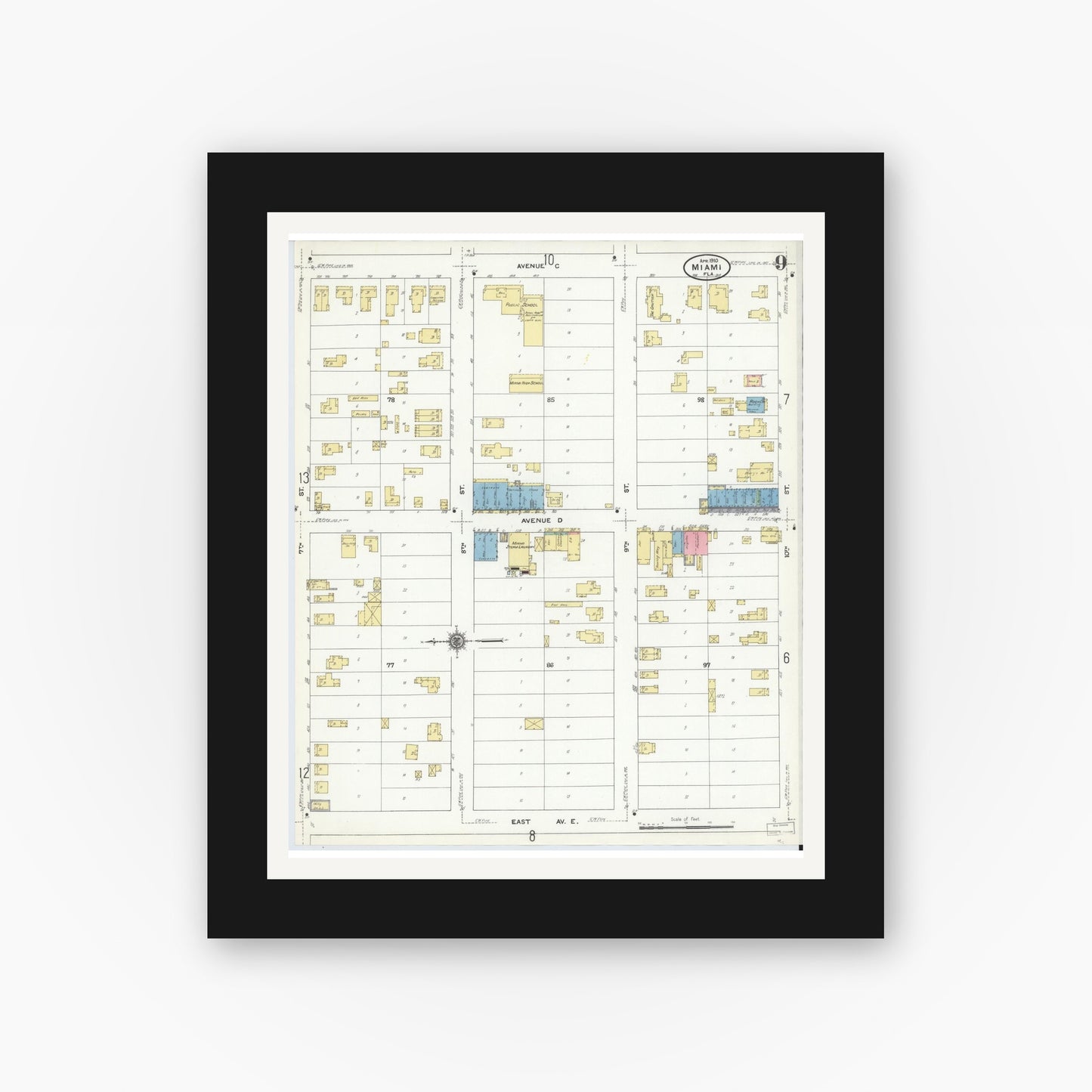 Old map wall art mockup — black gallery frame with white mat — Sanborn Fire Insurance Map from Miami, Dade County, Florida (1910), Sheet #0009