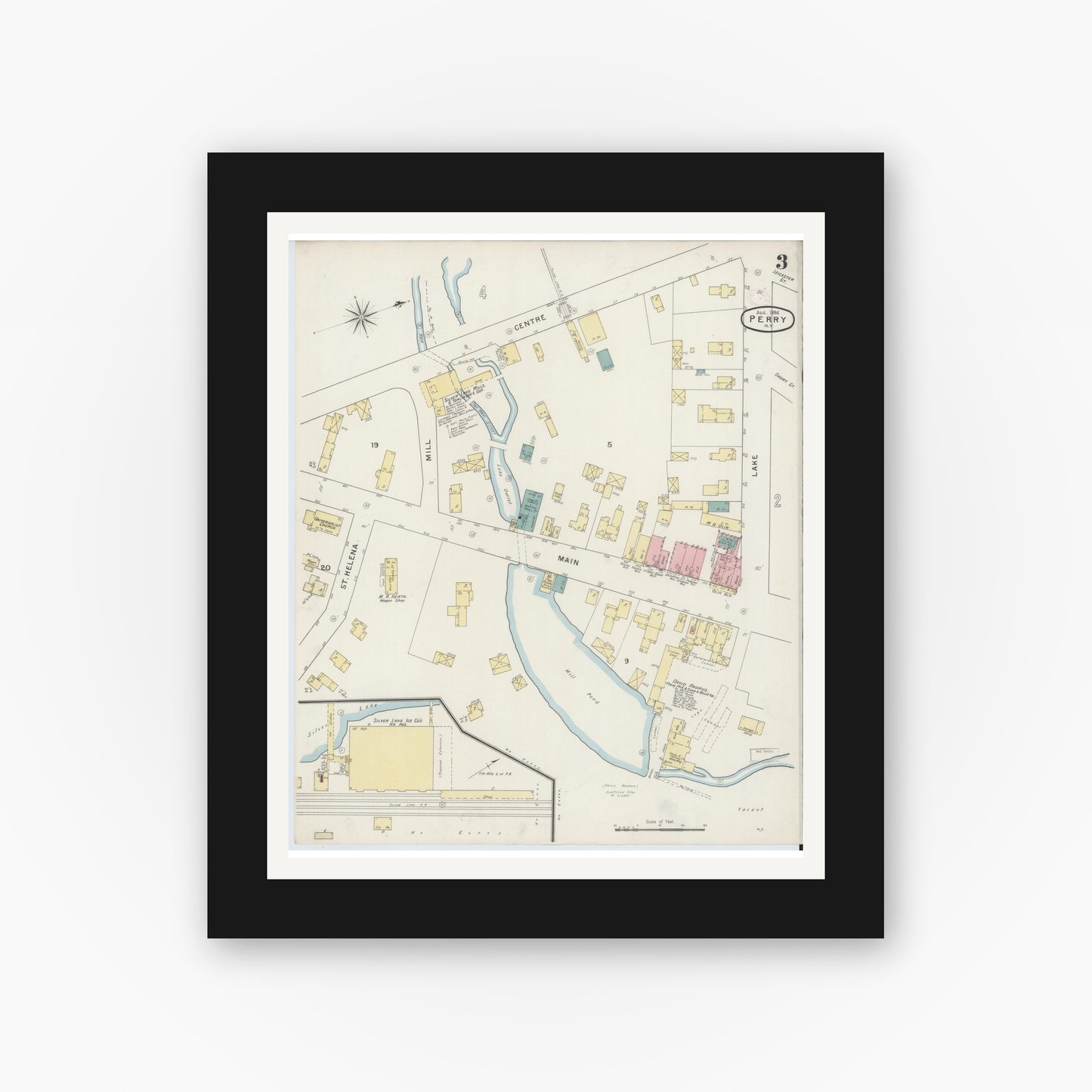 Old map wall art mockup — black gallery frame with white mat — Sanborn Fire Insurance Map from Perry, Wyoming County, New York (1894), Sheet #0003
