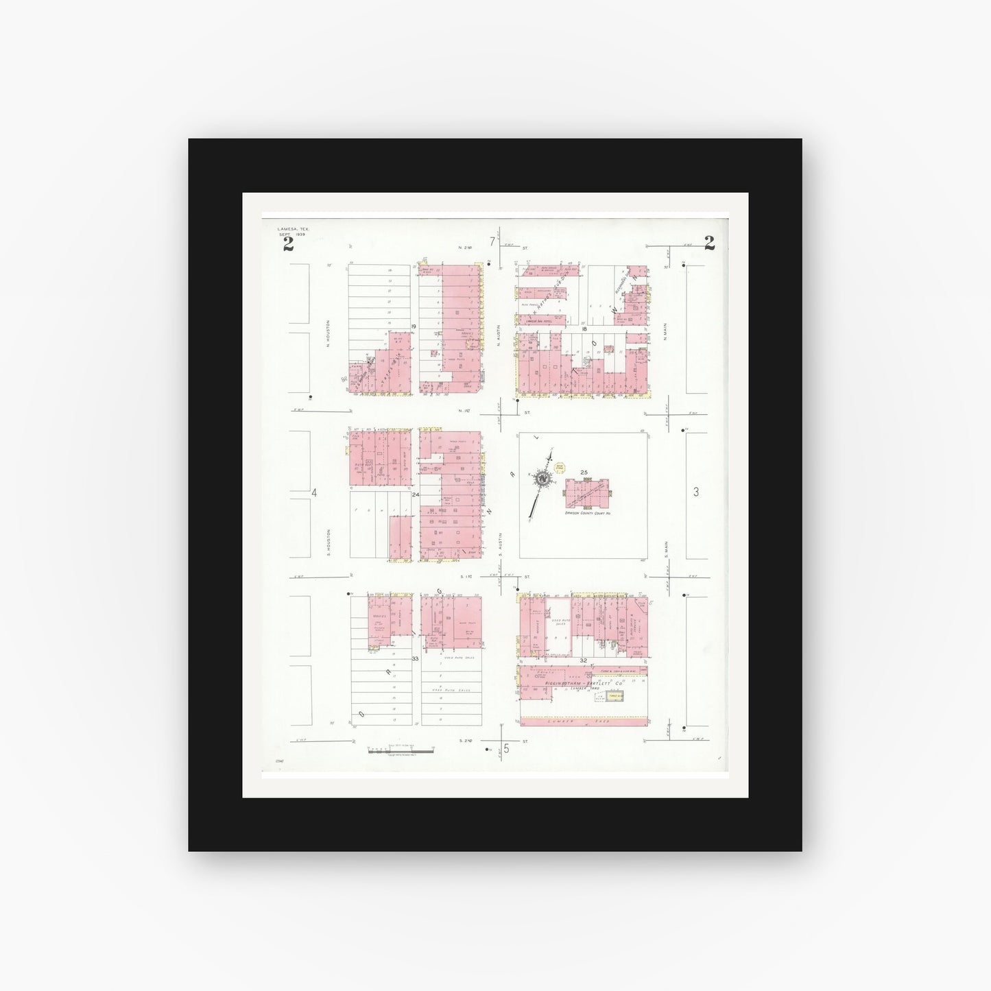 Old map wall art mockup — black gallery frame with white mat — Sanborn Fire Insurance Map from Lamesa, Dawson County, Texas (1939), Sheet #0002