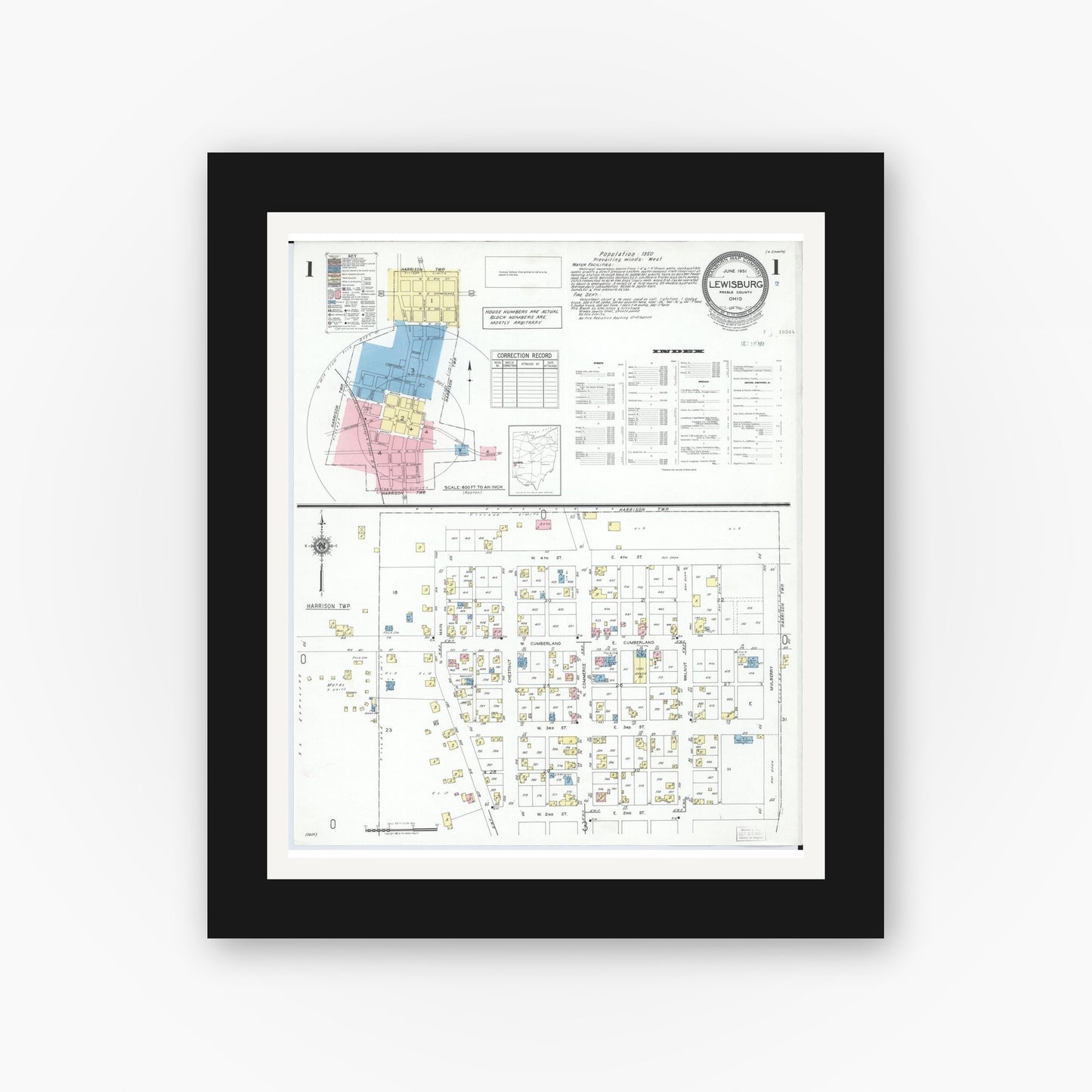 Old map wall art mockup — black gallery frame with white mat — Sanborn Fire Insurance Map from Lewisburg, Preble County, Ohio (1951) - Complete Map Set