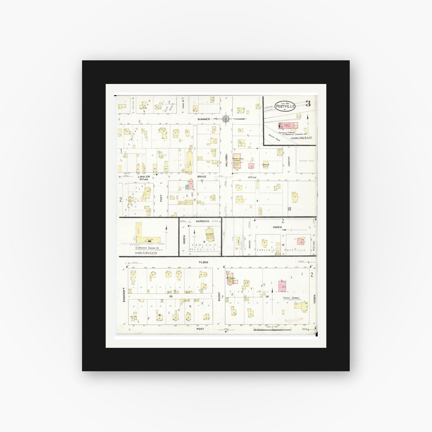 Old map wall art mockup β black gallery frame with white mat β Sanborn Fire Insurance Map from Postville, Allamakee County, Iowa (1913), Sheet #0003