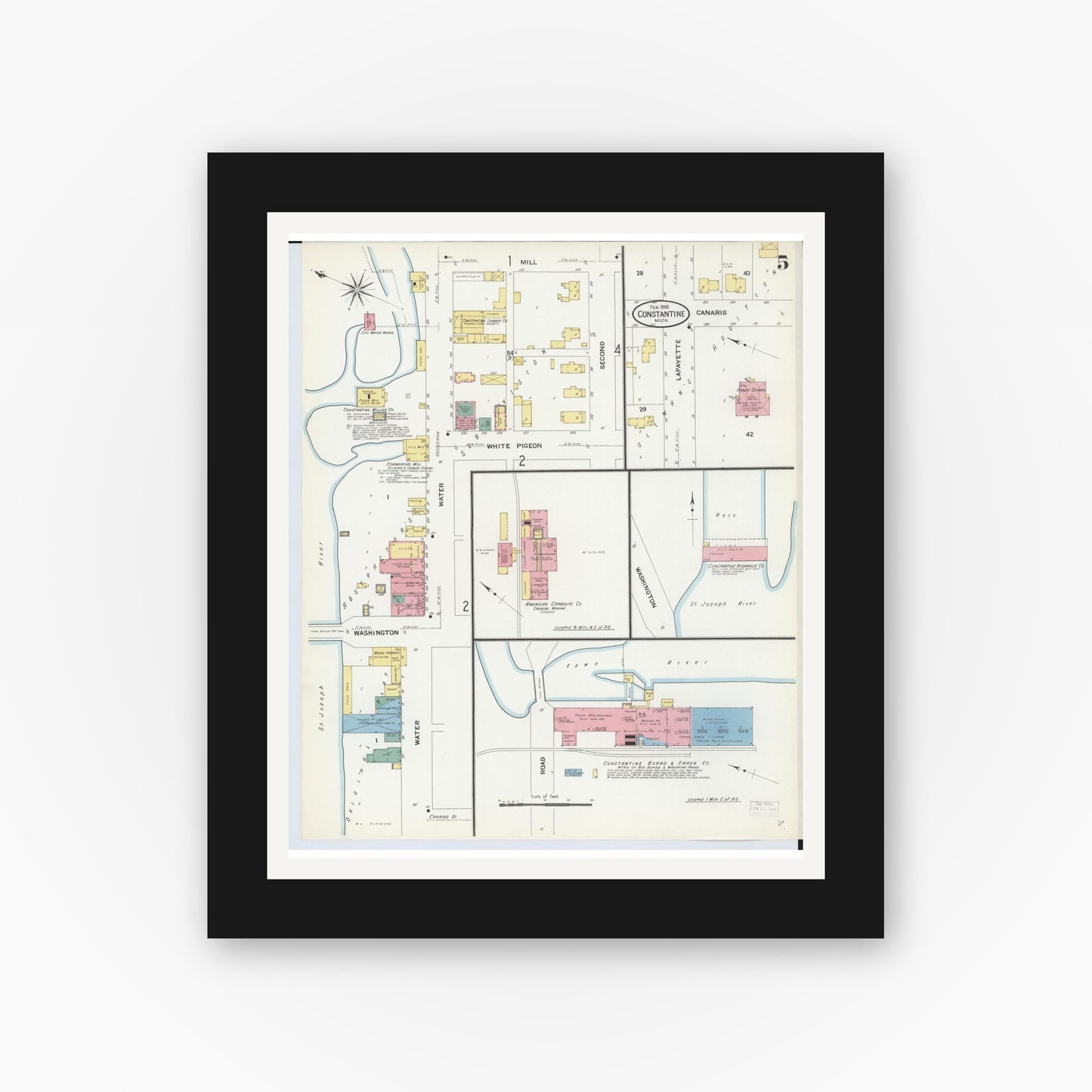 Old map wall art mockup — black gallery frame with white mat — Sanborn Fire Insurance Map from Constantine, Saint Joseph County, Michigan (1909), Sheet #0005