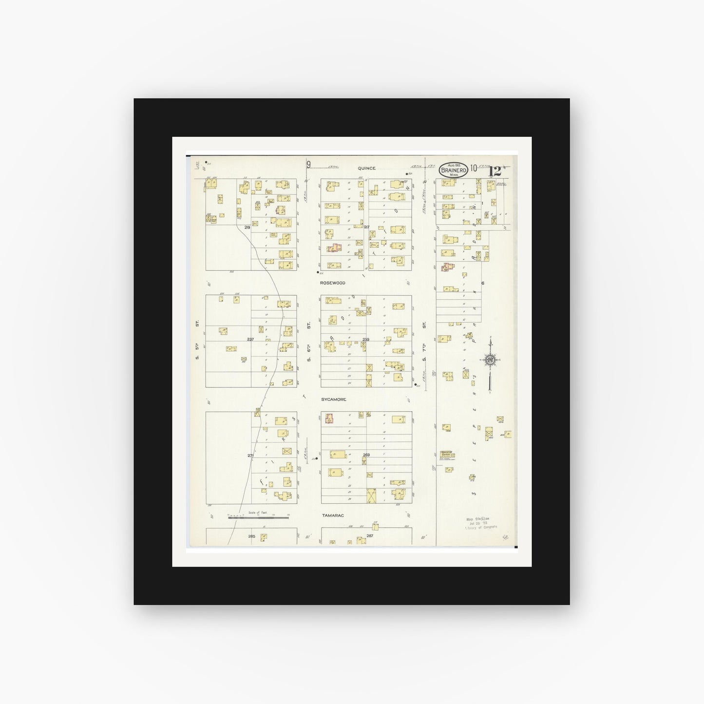 Old map wall art mockup — black gallery frame with white mat — Sanborn Fire Insurance Map from Brainerd, Crow Wing County, Minnesota (1913), Sheet #0012