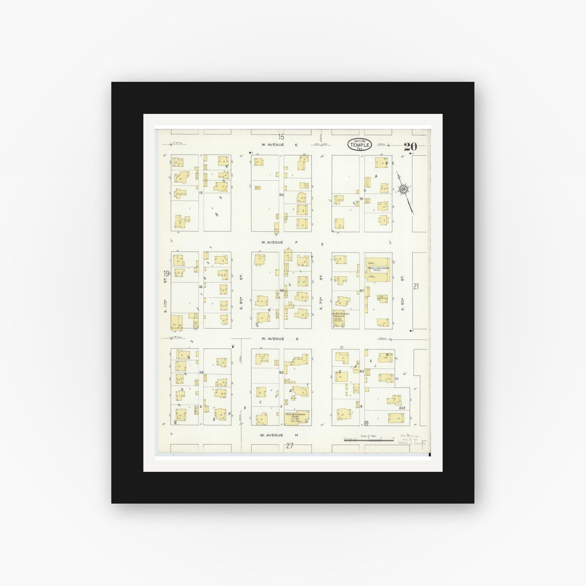 Old map wall art mockup — black gallery frame with white mat — Sanborn Fire Insurance Map from Temple, Bell County, Texas (1915), Sheet #0020
