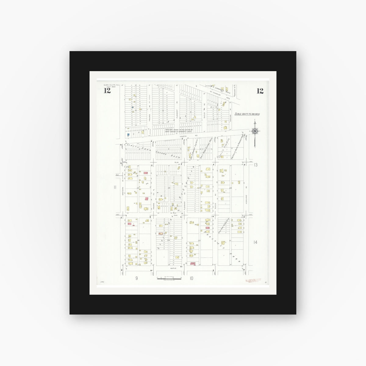 Old map wall art mockup — black gallery frame with white mat — Sanborn Fire Insurance Map from Glen Ellyn, Du Page County, Illinois (1940), Sheet #0012
