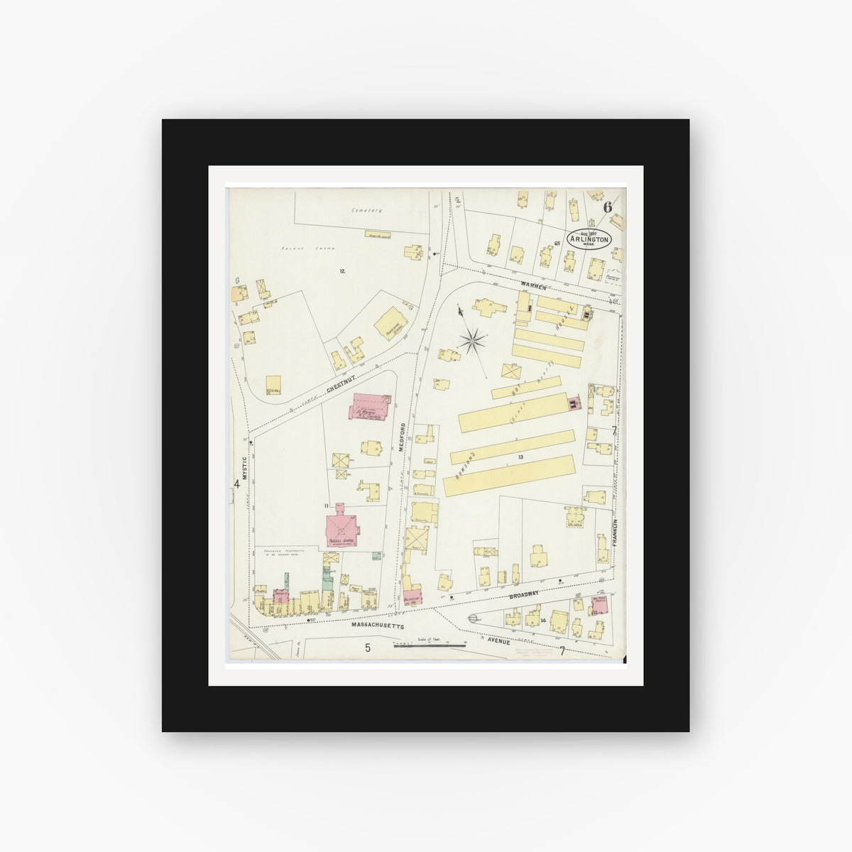 Old map wall art mockup — black gallery frame with white mat — Sanborn Fire Insurance Map from Arlington, Middlesex County, Massachusetts (1897), Sheet #0006