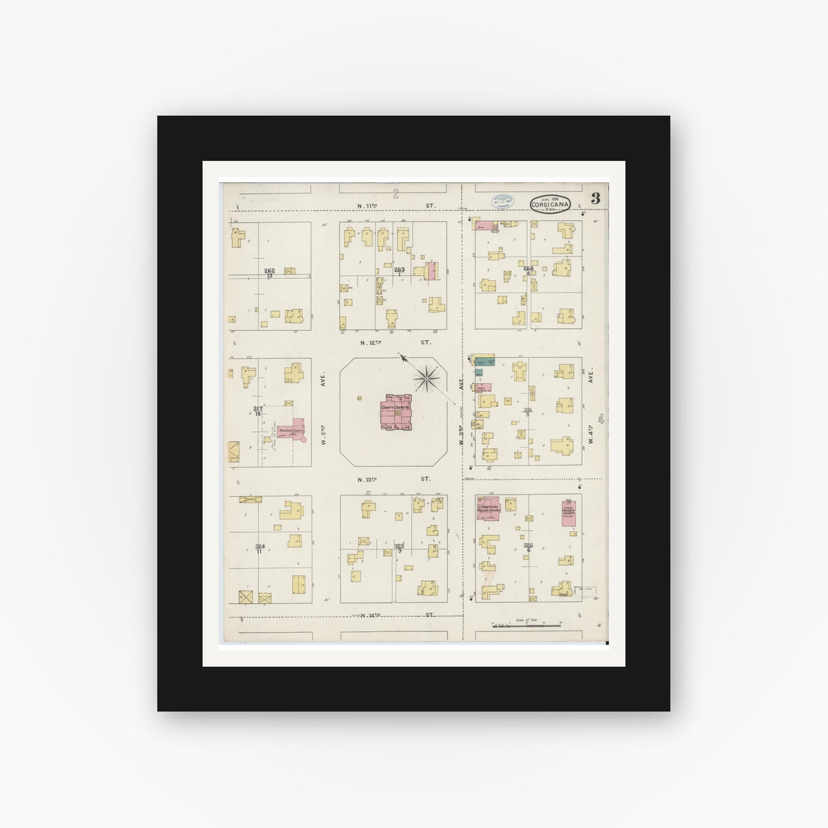 Old map wall art mockup — black gallery frame with white mat — Sanborn Fire Insurance Map from Corsicana, Navarro County, Texas (1894), Sheet #0003