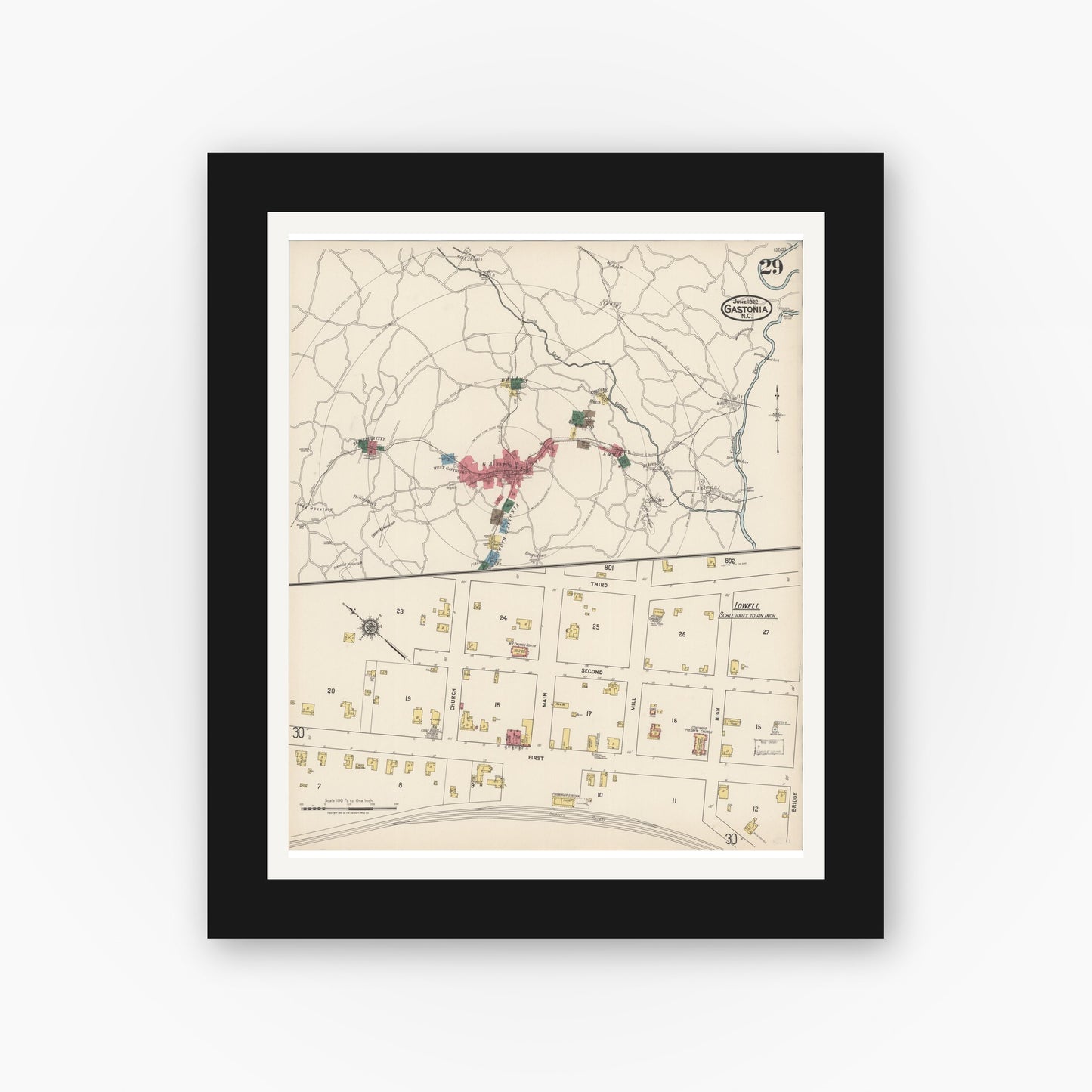 Old map wall art mockup — black gallery frame with white mat — Sanborn Fire Insurance Map from Gastonia, Gaston County, North Carolina (1922), Sheet #0029
