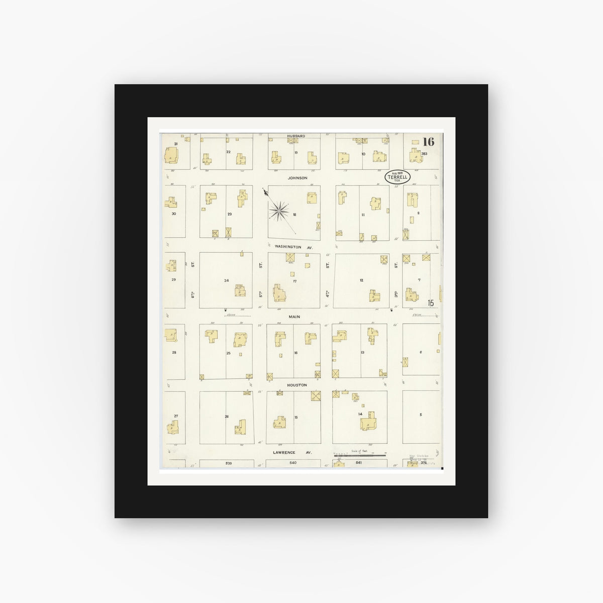 Old map wall art mockup — black gallery frame with white mat — Sanborn Fire Insurance Map from Terrell, Kaufman County, Texas (1909), Sheet #0016