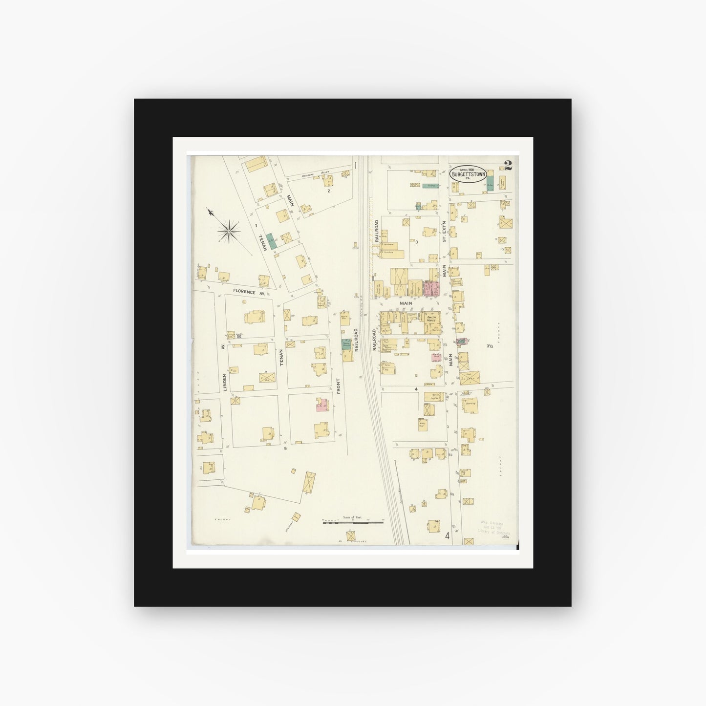 Old map wall art mockup — black gallery frame with white mat — Sanborn Fire Insurance Map from Burgettstown, Washington County, Pennsylvania (1908), Sheet #0002