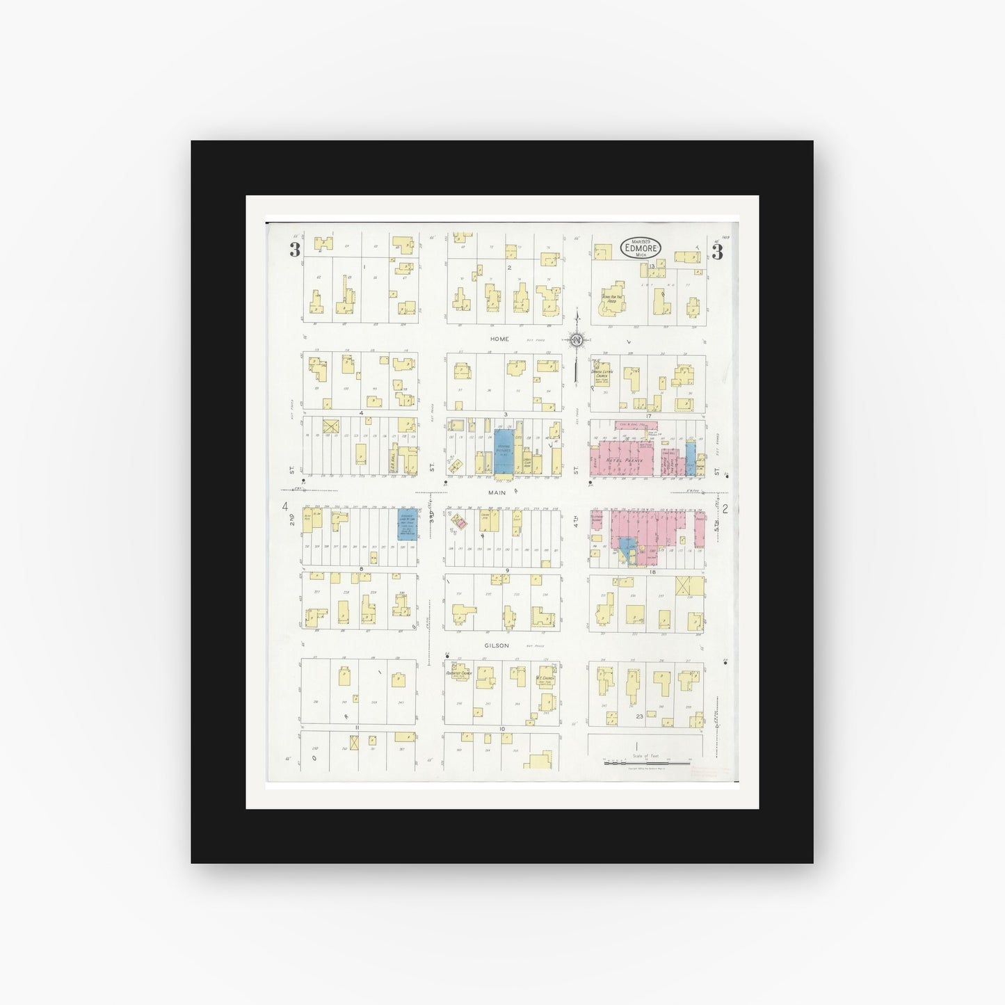 Old map wall art mockup — black gallery frame with white mat — Sanborn Fire Insurance Map from Edmore, Montcalm County, Michigan (1929), Sheet #0003