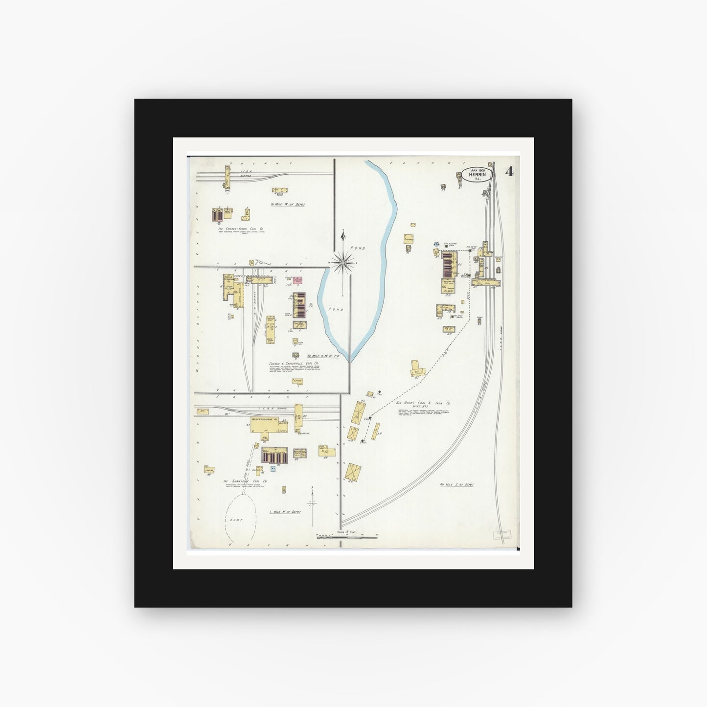 Old map wall art mockup — black gallery frame with white mat — Sanborn Fire Insurance Map from Herrin, Williamson County, Illinois (1905), Sheet #0004