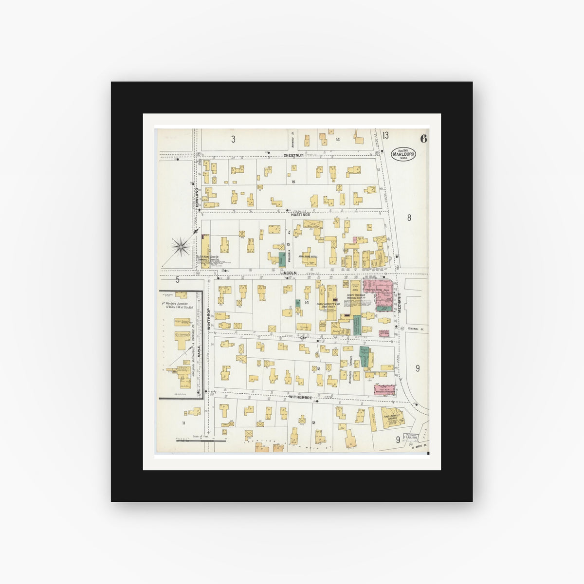 Old map wall art mockup — black gallery frame with white mat — Sanborn Fire Insurance Map from Marlborough, Middlesex County, Massachusetts (1901), Sheet #0006