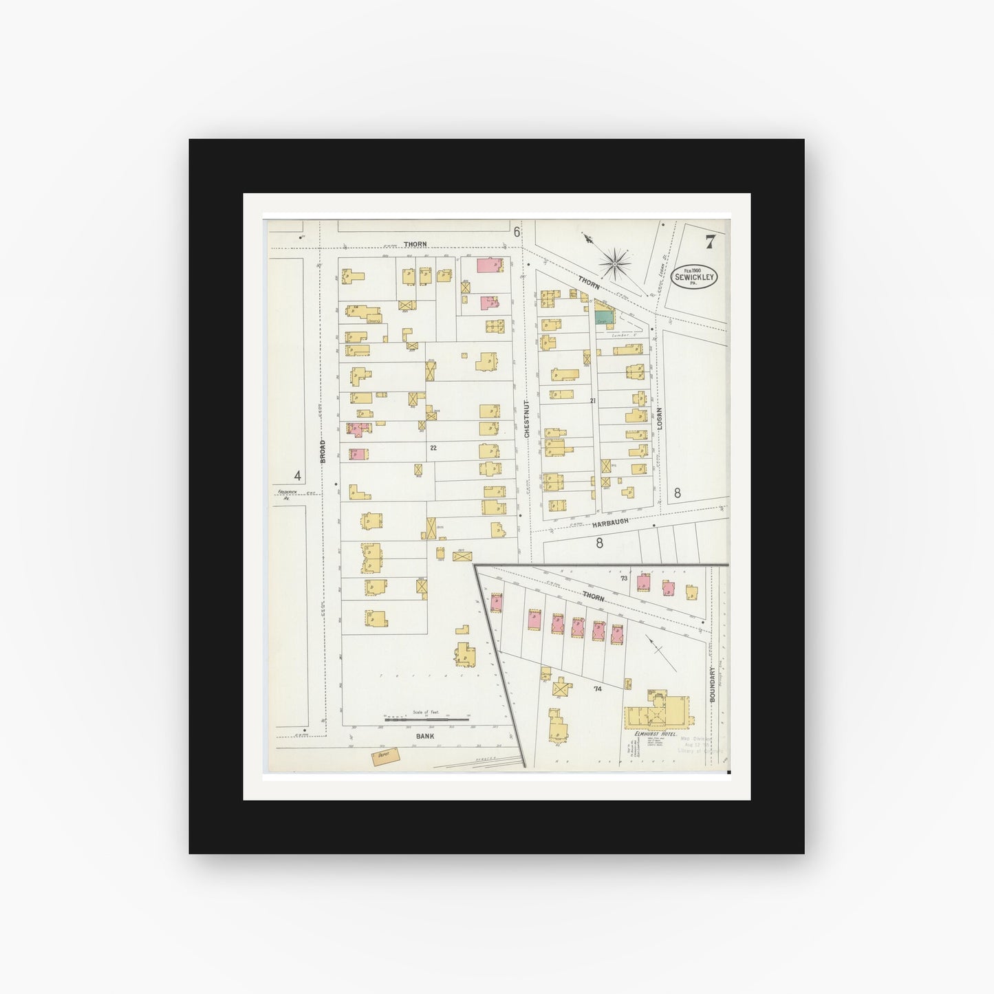 Old map wall art mockup — black gallery frame with white mat — Sanborn Fire Insurance Map from Sewickley, Allegheny County, Pennsylvania (1900), Sheet #0007
