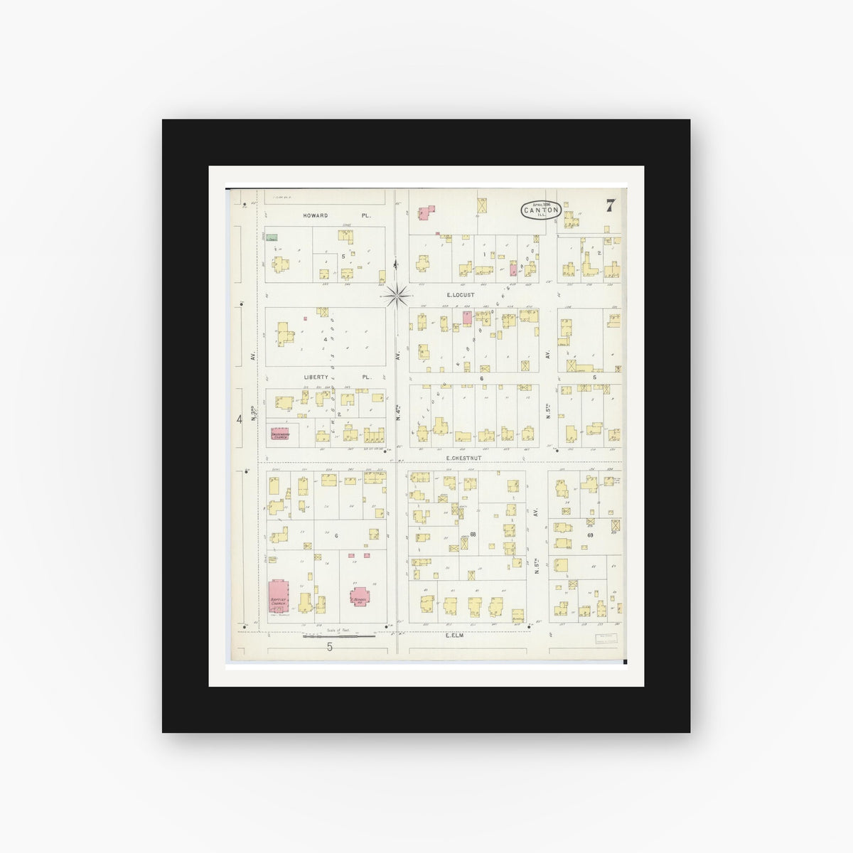 Old map wall art mockup — black gallery frame with white mat — Sanborn Fire Insurance Map from Canton, Fulton County, Illinois (1896), Sheet #0007