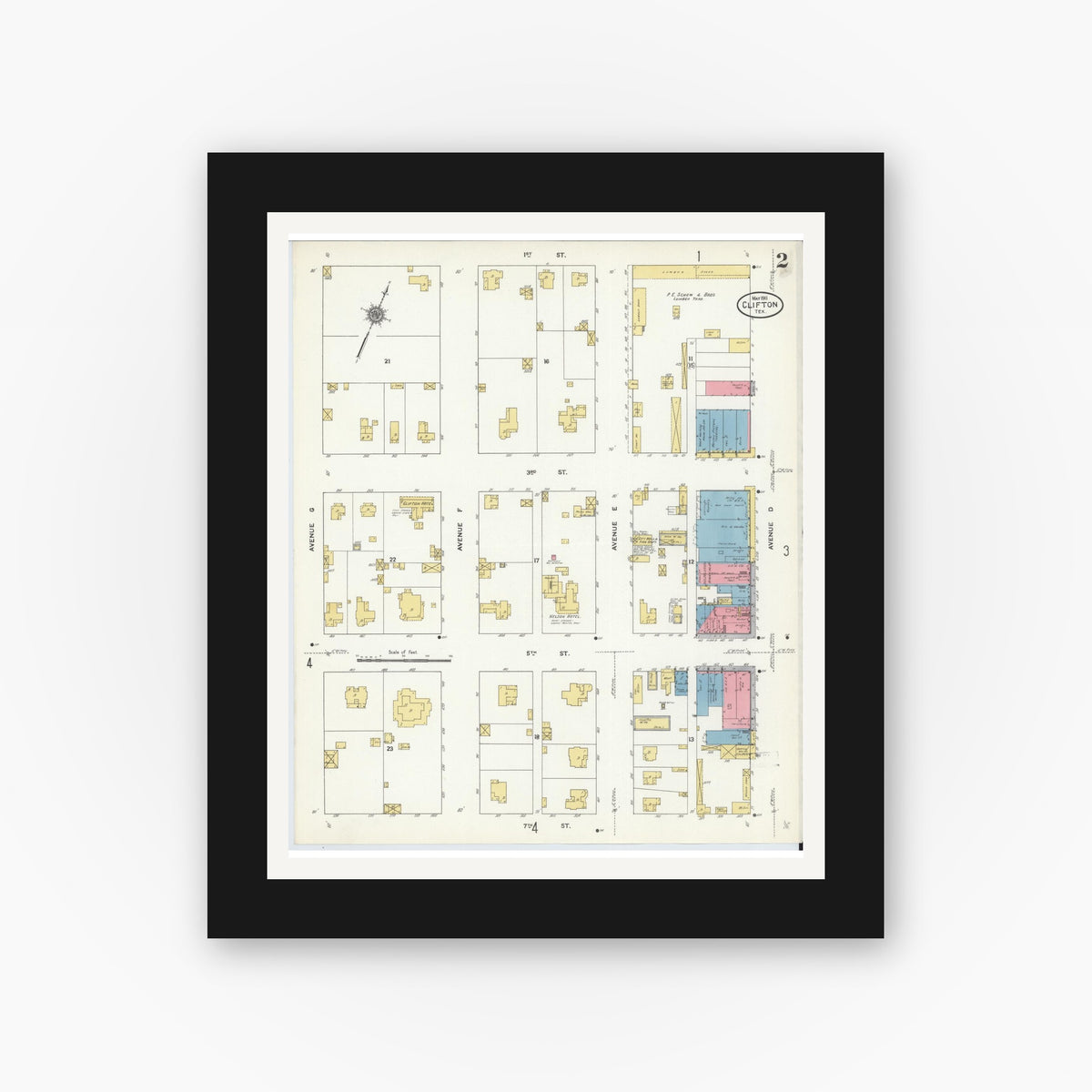 Old map wall art mockup — black gallery frame with white mat — Sanborn Fire Insurance Map from Clifton, Bosque County, Texas (1911), Sheet #0002
