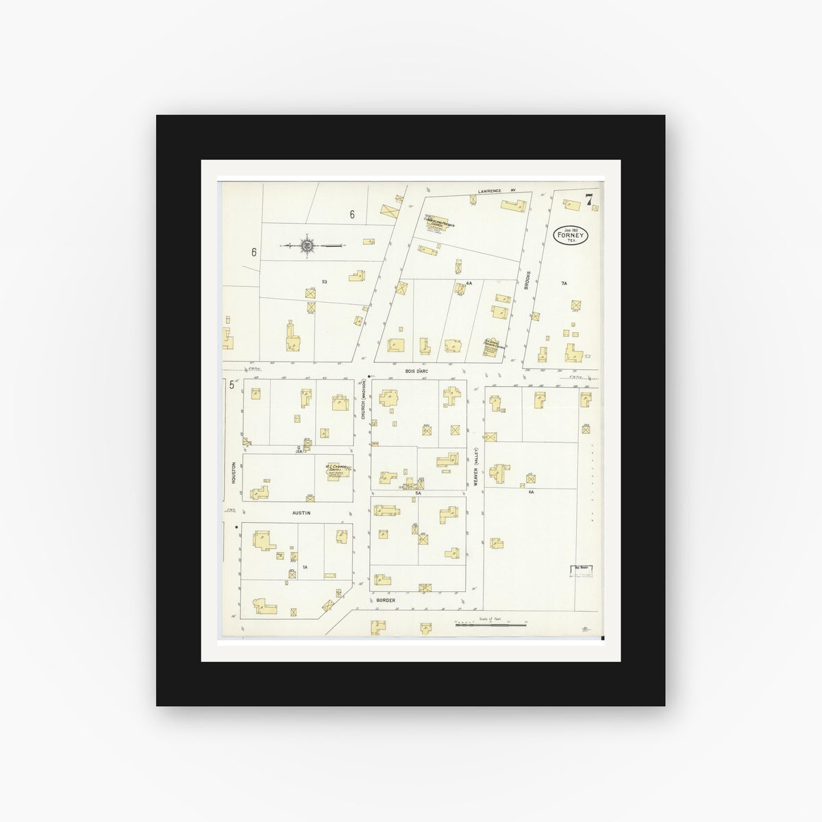 Old map wall art mockup — black gallery frame with white mat — Sanborn Fire Insurance Map from Forney, Kaufman County, Texas (1912), Sheet #0007