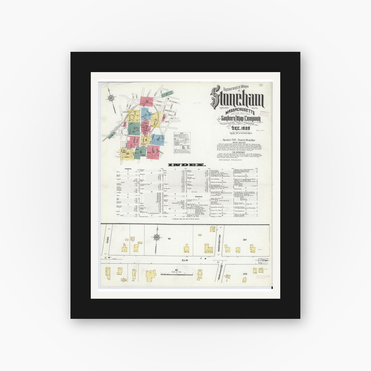 Old map wall art mockup — black gallery frame with white mat — Sanborn Fire Insurance Map from Stoneham, Middlesex County, Massachusetts (1909), Sheet #0001