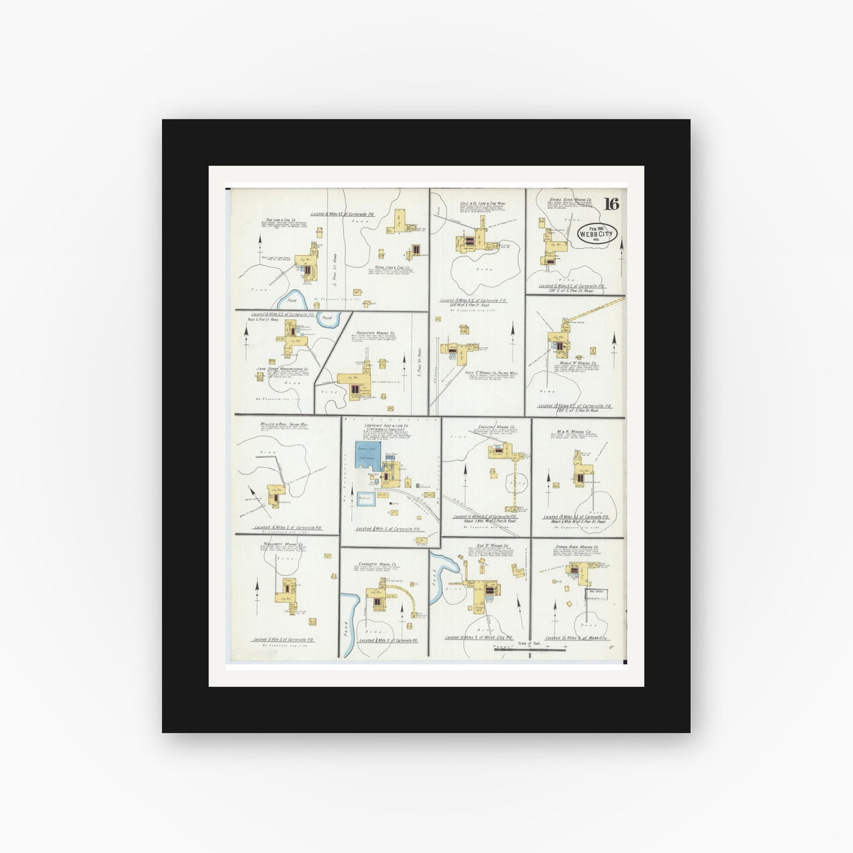 Old map wall art mockup — black gallery frame with white mat — Sanborn Fire Insurance Map from Webb City, Jasper County, Missouri (1906), Sheet #0016
