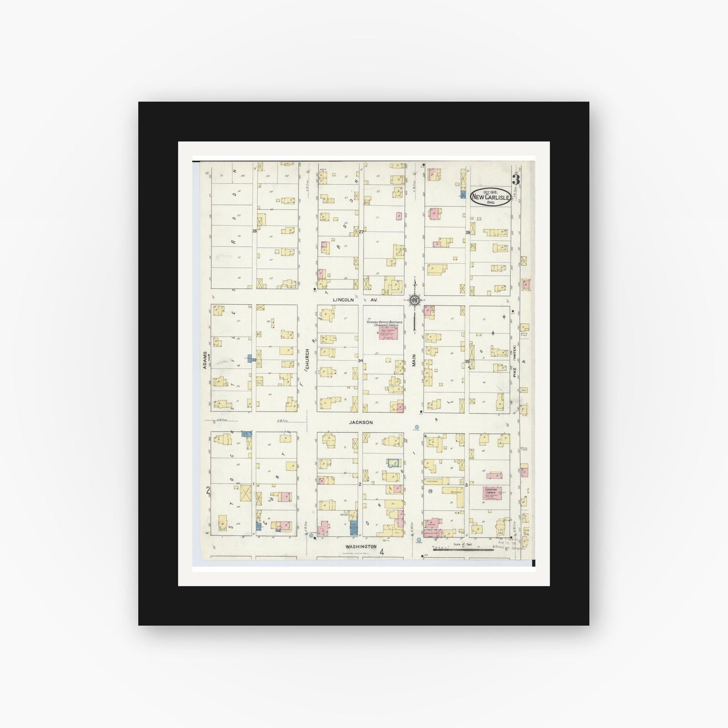 Old map wall art mockup — black gallery frame with white mat — Sanborn Fire Insurance Map from New Carlisle, Clarke County, Ohio (1916), Sheet #0003