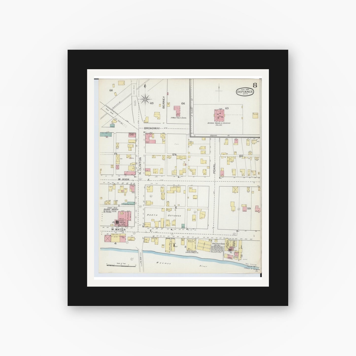 Old map wall art mockup — black gallery frame with white mat — Sanborn Fire Insurance Map from Defiance, Defiance County, Ohio (1893), Sheet #0008