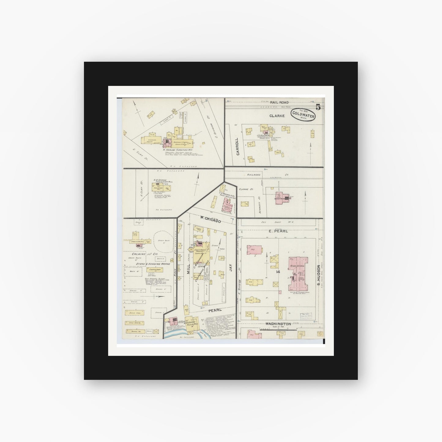 Old map wall art mockup — black gallery frame with white mat — Sanborn Fire Insurance Map from Coldwater, Branch County, Michigan (1891), Sheet #0005