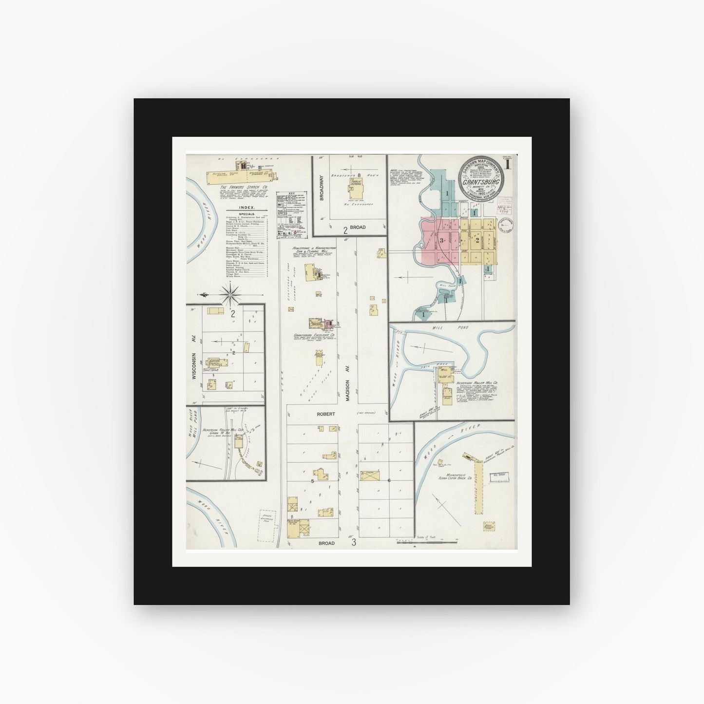 Old map wall art mockup — black gallery frame with white mat — Sanborn Fire Insurance Map from Grantsburg, Burnett County, Wisconsin (1902) - Complete Map Set