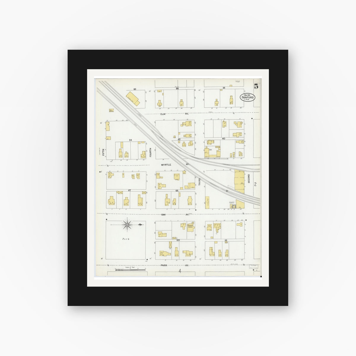 Old map wall art mockup — black gallery frame with white mat — Sanborn Fire Insurance Map from Sanford, Seminole County, Florida (1901), Sheet #0005