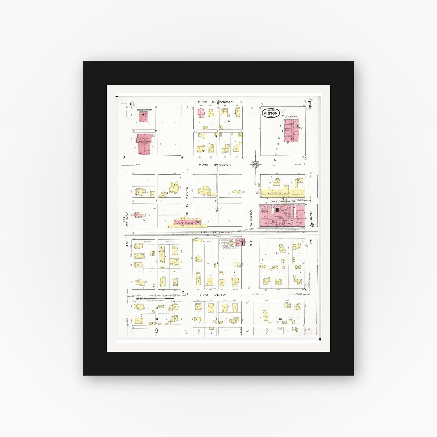 Old map wall art mockup — black gallery frame with white mat — Sanborn Fire Insurance Map from Vinton, Benton County, Iowa (1921), Sheet #0007