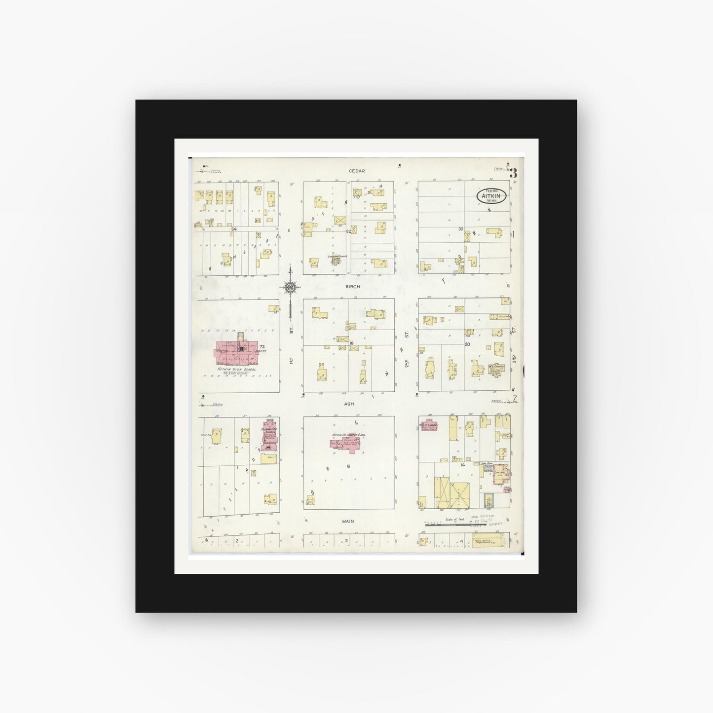 Old map wall art mockup — black gallery frame with white mat — Sanborn Fire Insurance Map from Aitkin, Aitkin County, Minnesota (1914), Sheet #0003