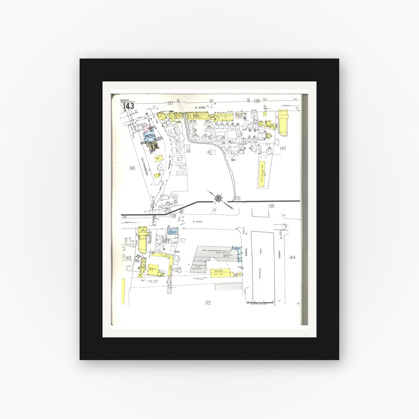 Old map wall art mockup — black gallery frame with white mat — Sanborn Fire Insurance Map from Honolulu, Oahu County, Hawaii (1955), Sheet #0143