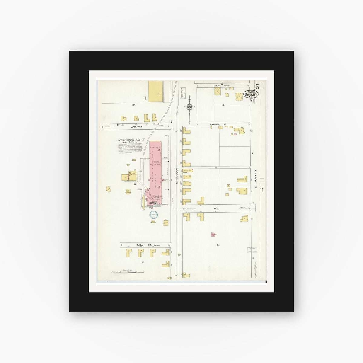 Old map wall art mockup — black gallery frame with white mat — Sanborn Fire Insurance Map from Shelby, Cleveland County, North Carolina (1916), Sheet #0005