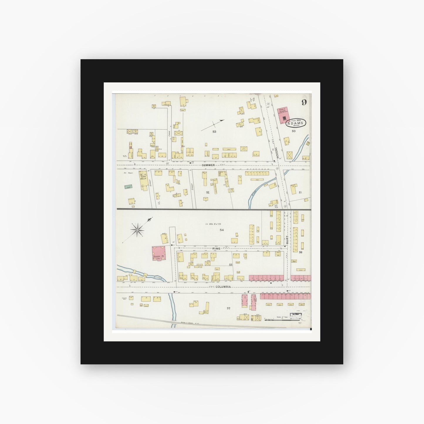 Old map wall art mockup — black gallery frame with white mat — Sanborn Fire Insurance Map from Adams, Berkshire County, Massachusetts (1895), Sheet #0009