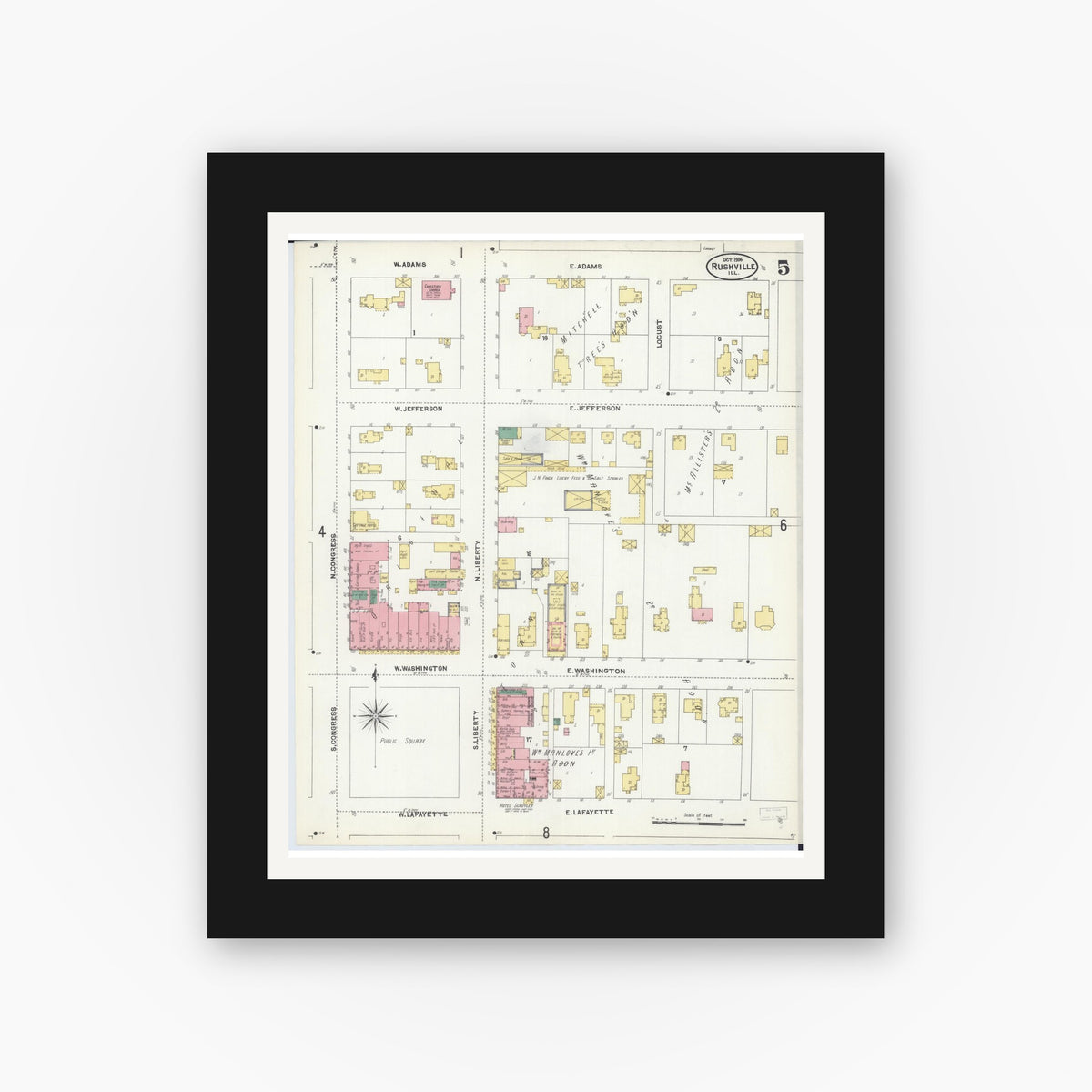 Old map wall art mockup — black gallery frame with white mat — Sanborn Fire Insurance Map from Rushville, Schuyler County, Illinois (1906), Sheet #0005