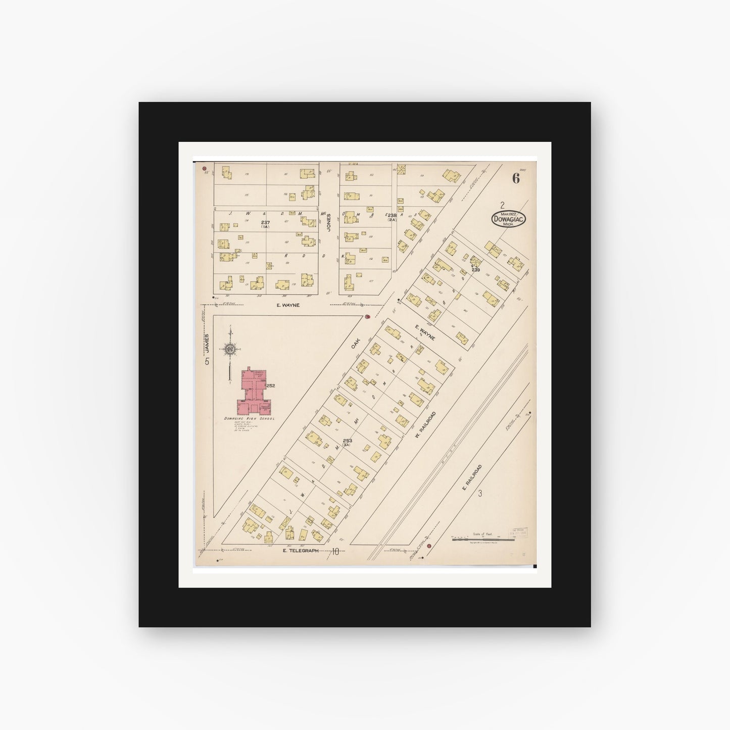 Old map wall art mockup — black gallery frame with white mat — Sanborn Fire Insurance Map from Dowagiac, Cass County, Michigan (1922), Sheet #0006