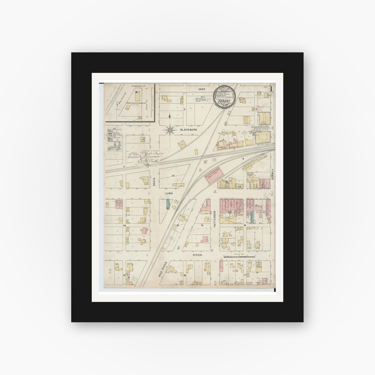 Old map wall art mockup — black gallery frame with white mat — Sanborn Fire Insurance Map from Forest, Hardin County, Ohio (1895) - Complete Map Set