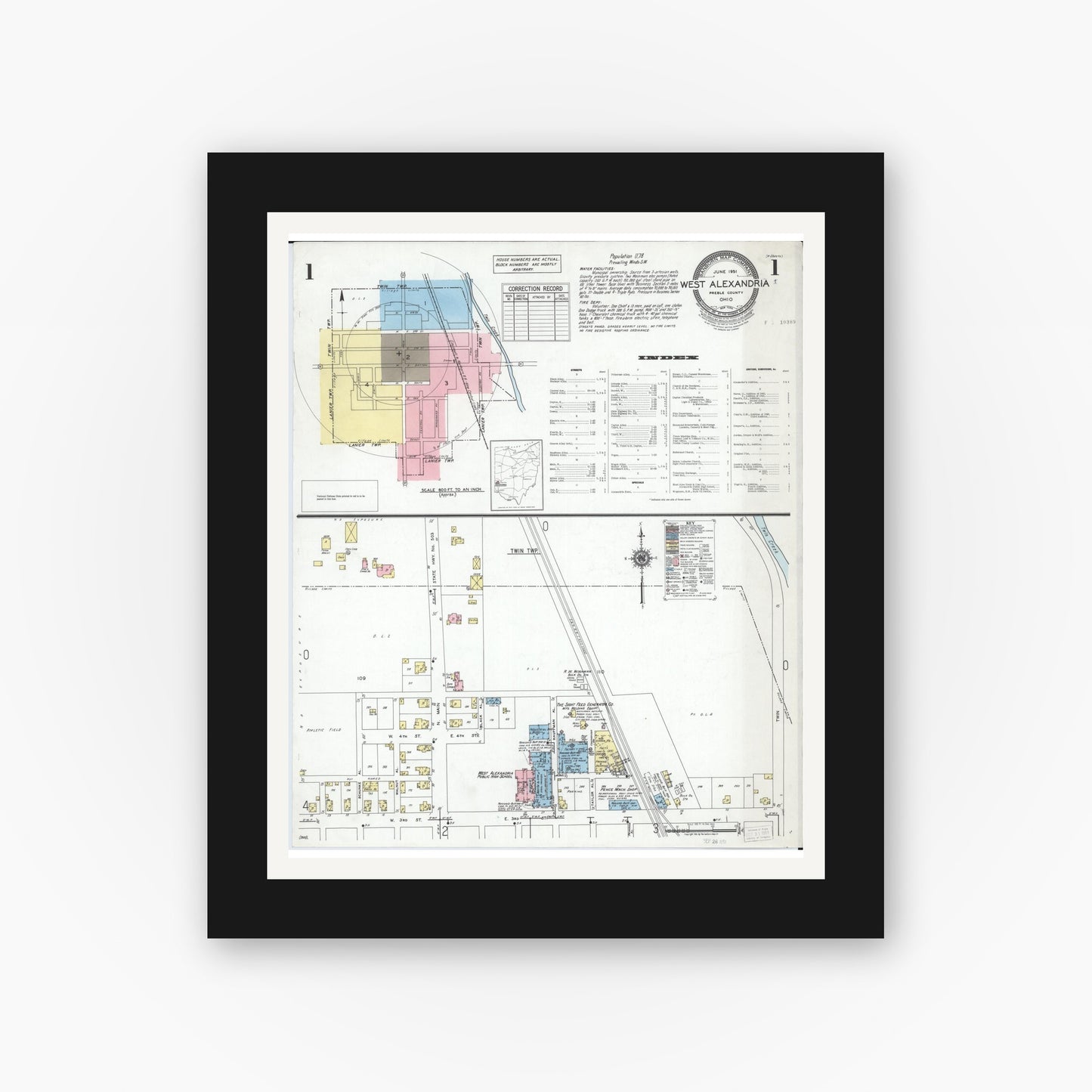Old map wall art mockup — black gallery frame with white mat — Sanborn Fire Insurance Map from West Alexandria, Preble County, Ohio (1951), Sheet #0001