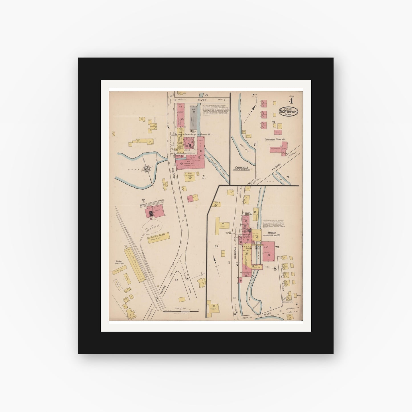 Old map wall art mockup — black gallery frame with white mat — Sanborn Fire Insurance Map from Northboro, Worcester County, Massachusetts (1921), Sheet #0004