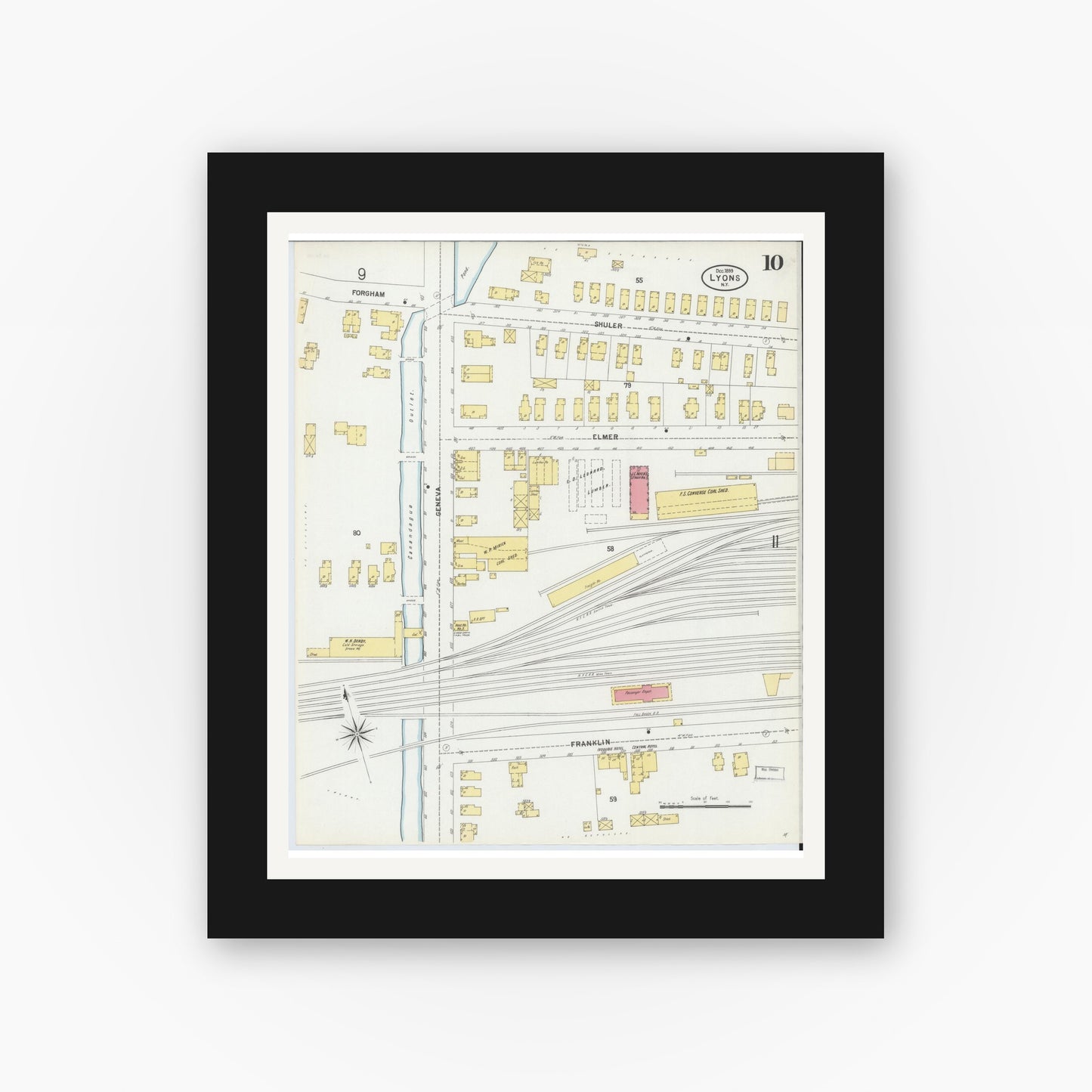 Old map wall art mockup — black gallery frame with white mat — Sanborn Fire Insurance Map from Lyons, Wayne County, New York (1899), Sheet #0010