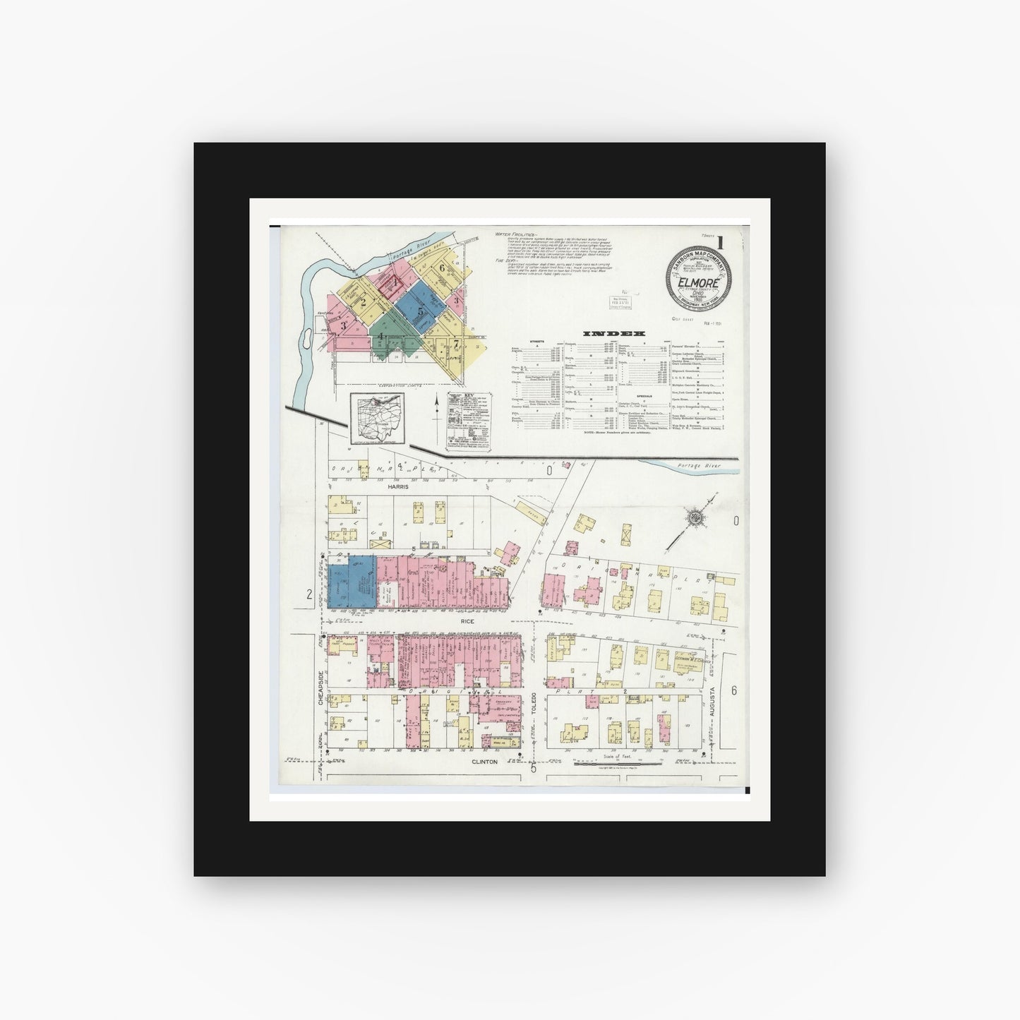 Old map wall art mockup — black gallery frame with white mat — Sanborn Fire Insurance Map from Elmore, Ottawa County, Ohio (1920) - Complete Map Set