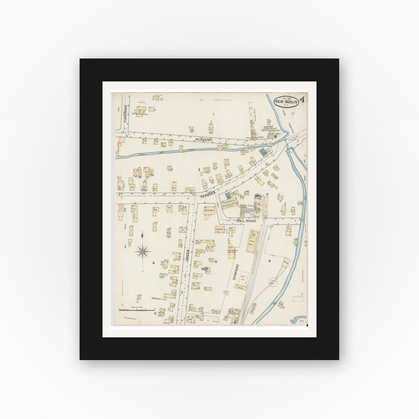 Old map wall art mockup — black gallery frame with white mat — Sanborn Fire Insurance Map from New Berlin, Chenango County, New York (1887), Sheet #0004