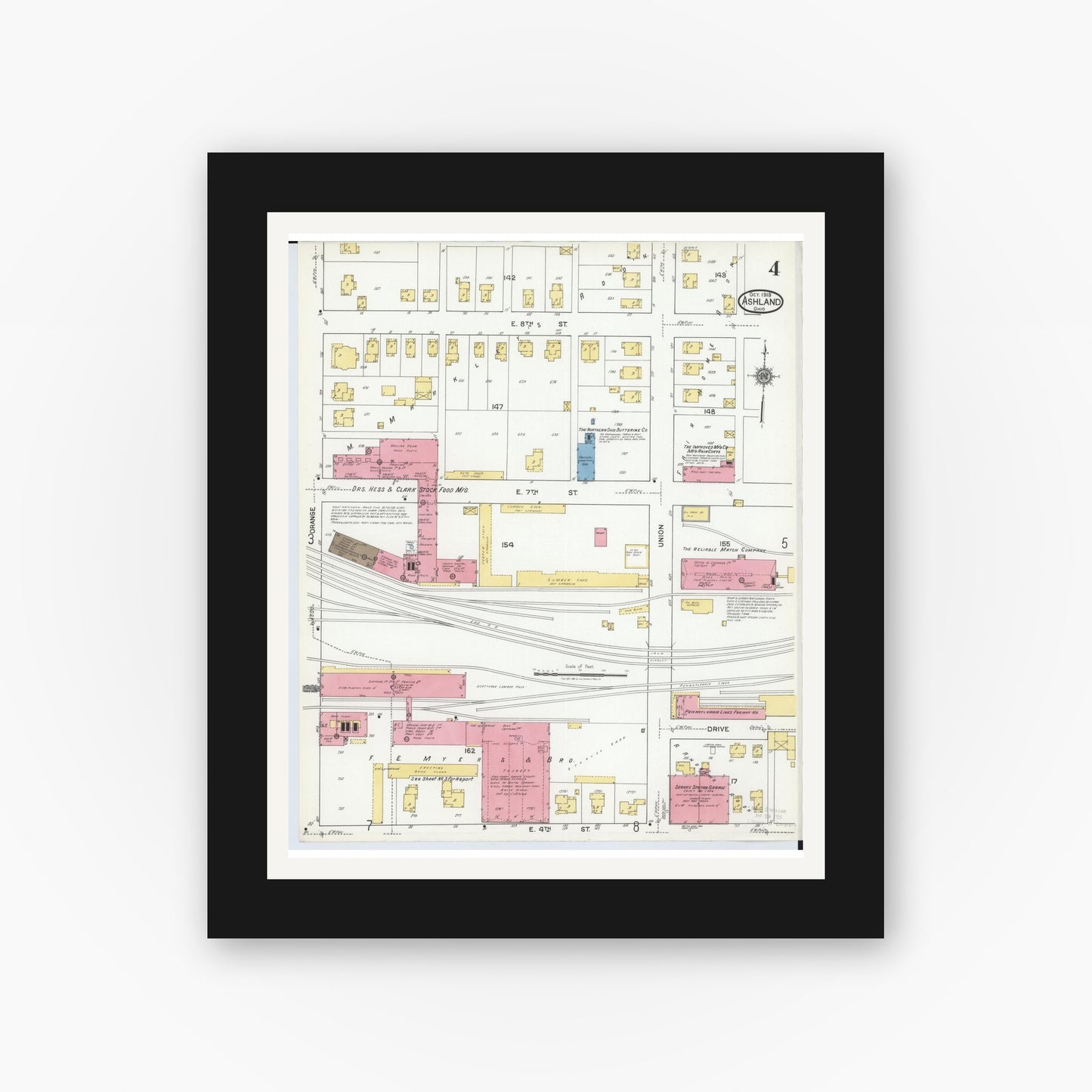 Old map wall art mockup — black gallery frame with white mat — Sanborn Fire Insurance Map from Ashland, Ashland County, Ohio (1919), Sheet #0004