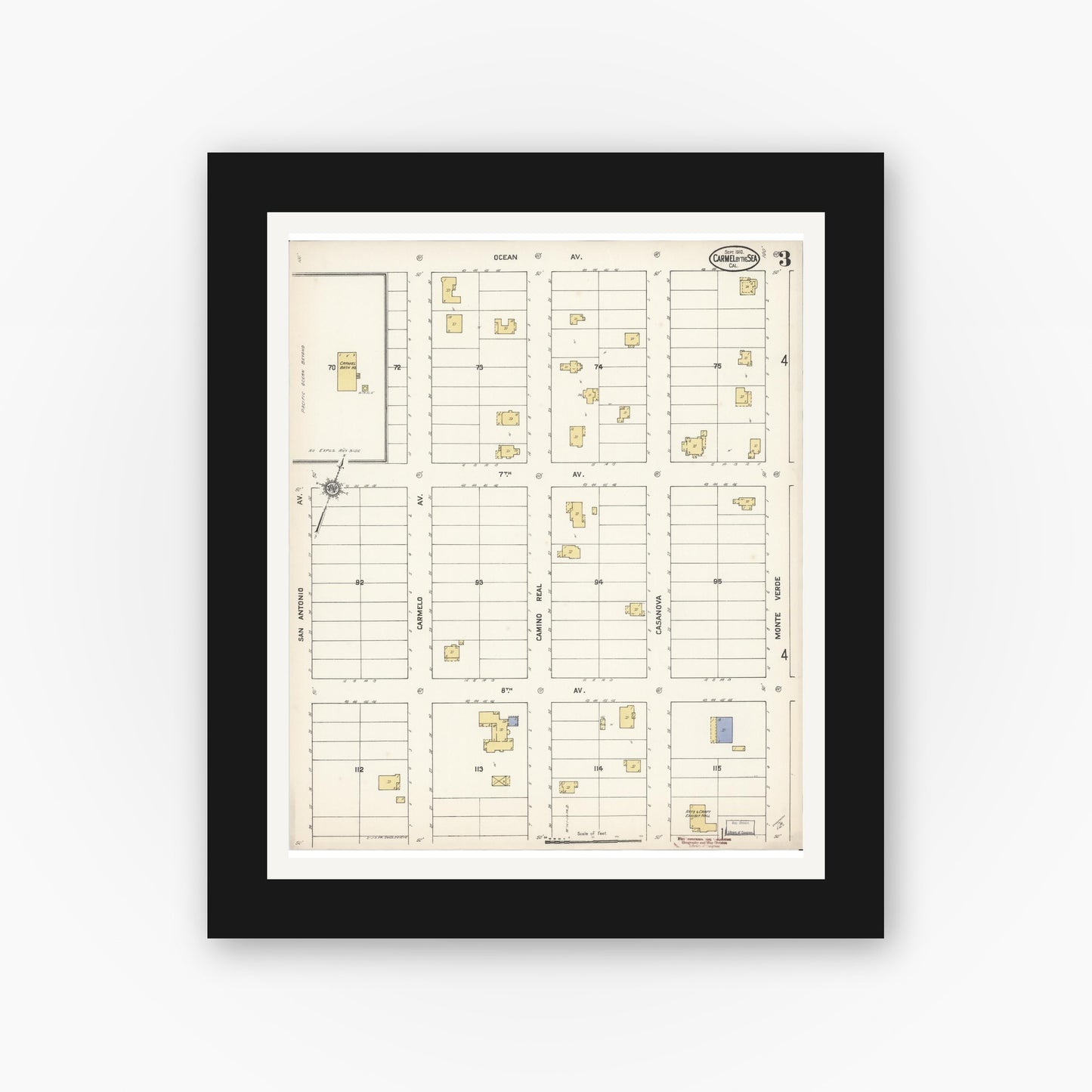 Old map wall art mockup — black gallery frame with white mat — Sanborn Fire Insurance Map from Carmel By The Sea, Monterey County, California (1910), Sheet #0003