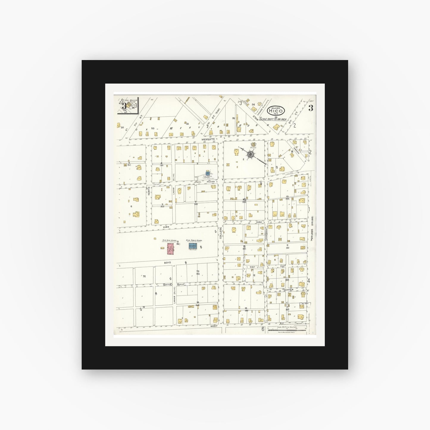 Old map wall art mockup — black gallery frame with white mat — Sanborn Fire Insurance Map from Hico, Hamilton County, Texas (1923), Sheet #0003