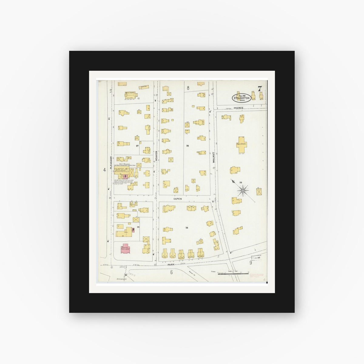Old map wall art mockup — black gallery frame with white mat — Sanborn Fire Insurance Map from Stoughton, Norfolk County, Massachusetts (1906), Sheet #0007