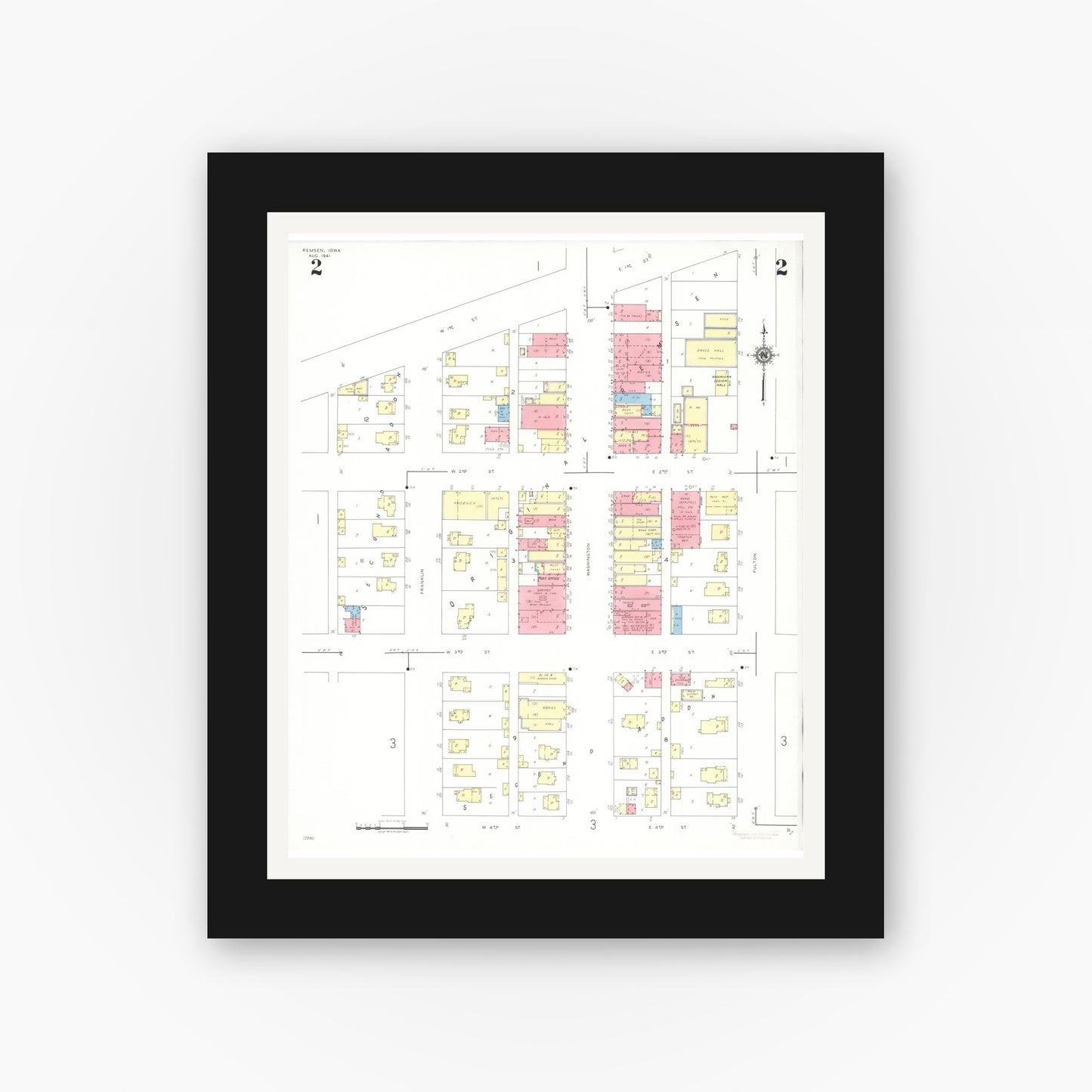 Old map wall art mockup β black gallery frame with white mat β Sanborn Fire Insurance Map from Remsen, Plymouth County, Iowa (1941), Sheet #0002