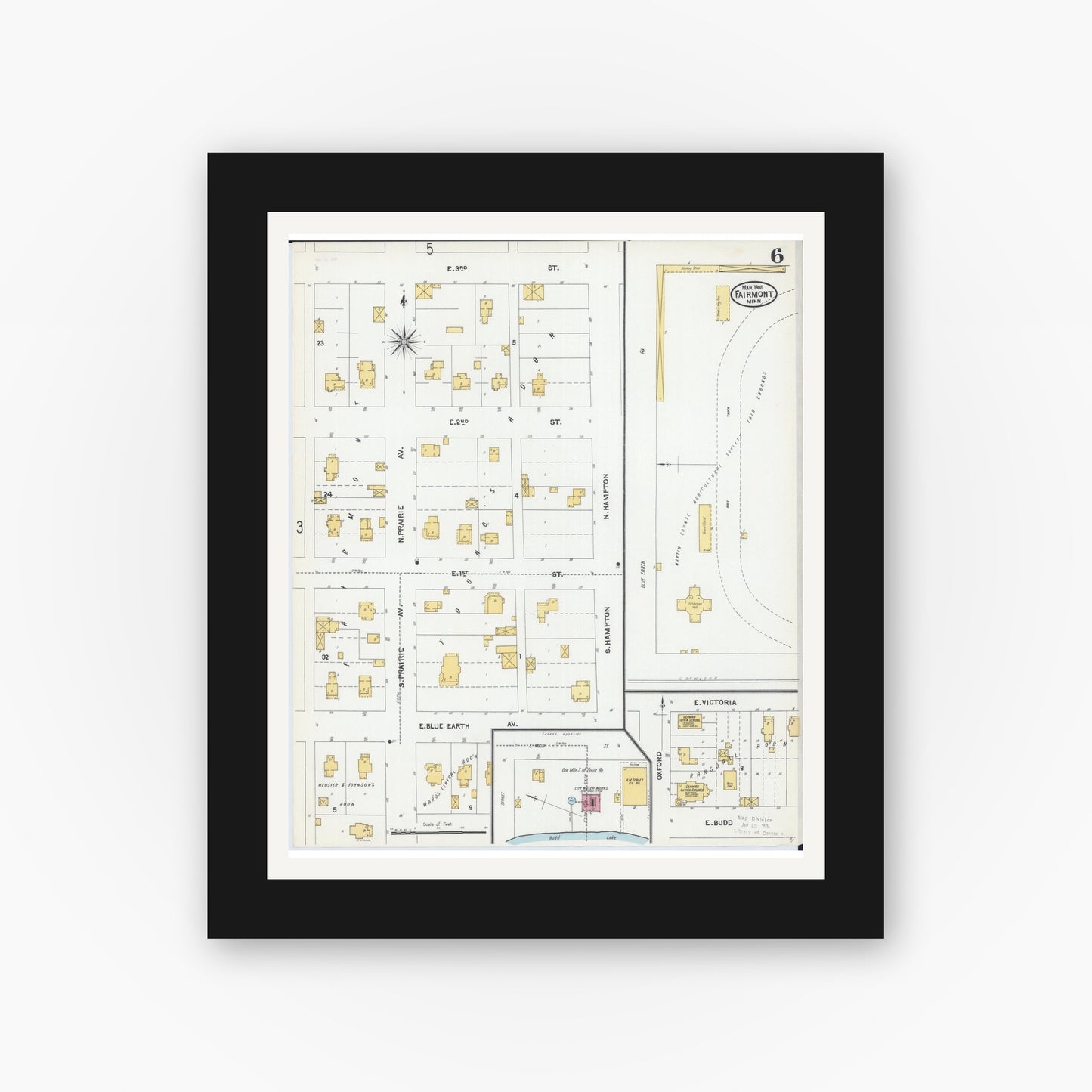 Old map wall art mockup — black gallery frame with white mat — Sanborn Fire Insurance Map from Fairmont, Martin County, Minnesota (1905), Sheet #0006