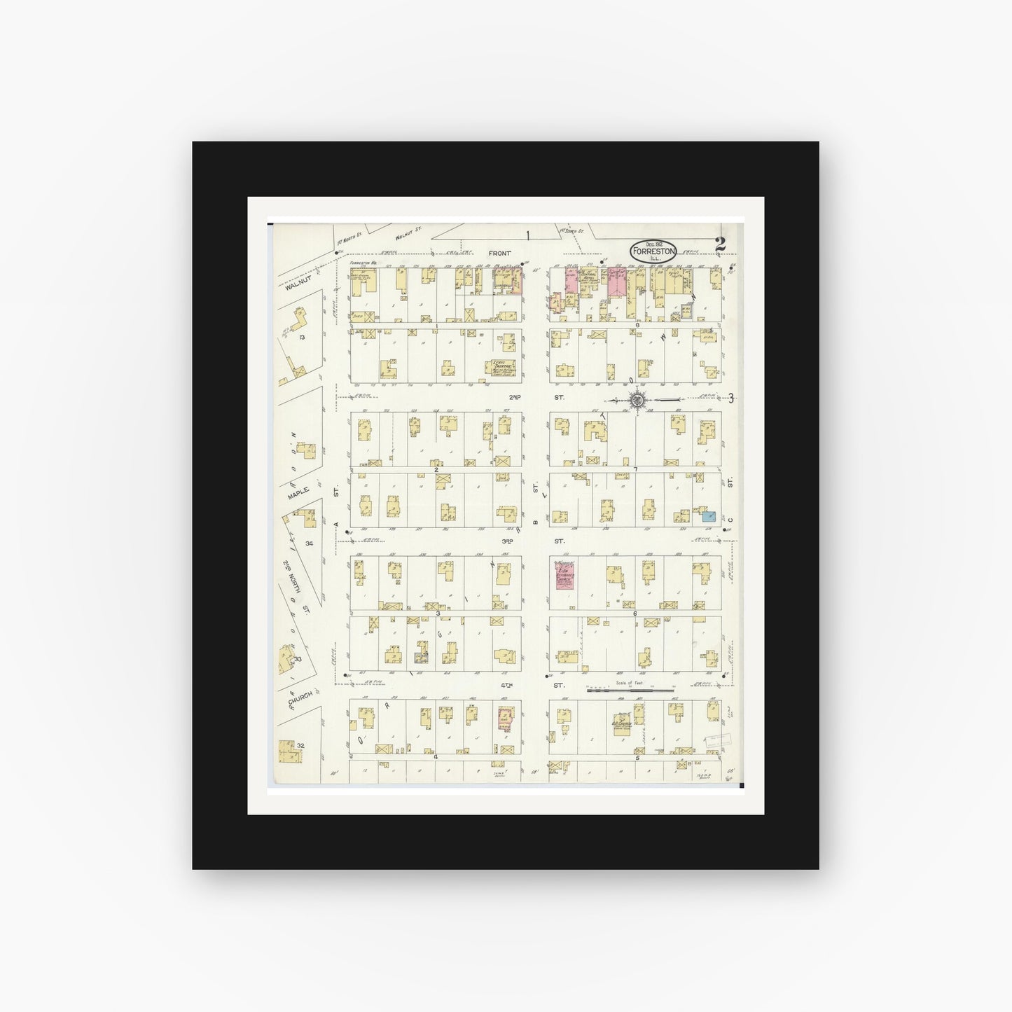 Old map wall art mockup — black gallery frame with white mat — Sanborn Fire Insurance Map from Forreston, Ogle County, Illinois (1912), Sheet #0002