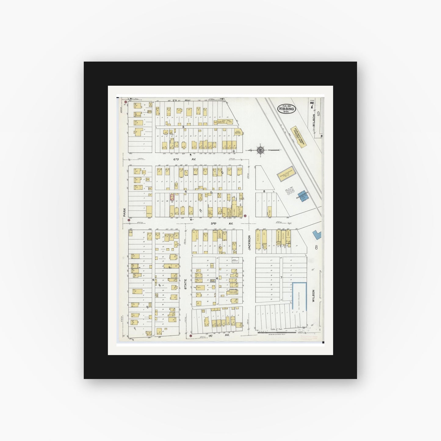 Old map wall art mockup — black gallery frame with white mat — Sanborn Fire Insurance Map from Hibbing, Saint Louis County, Minnesota (1921), Sheet #0007