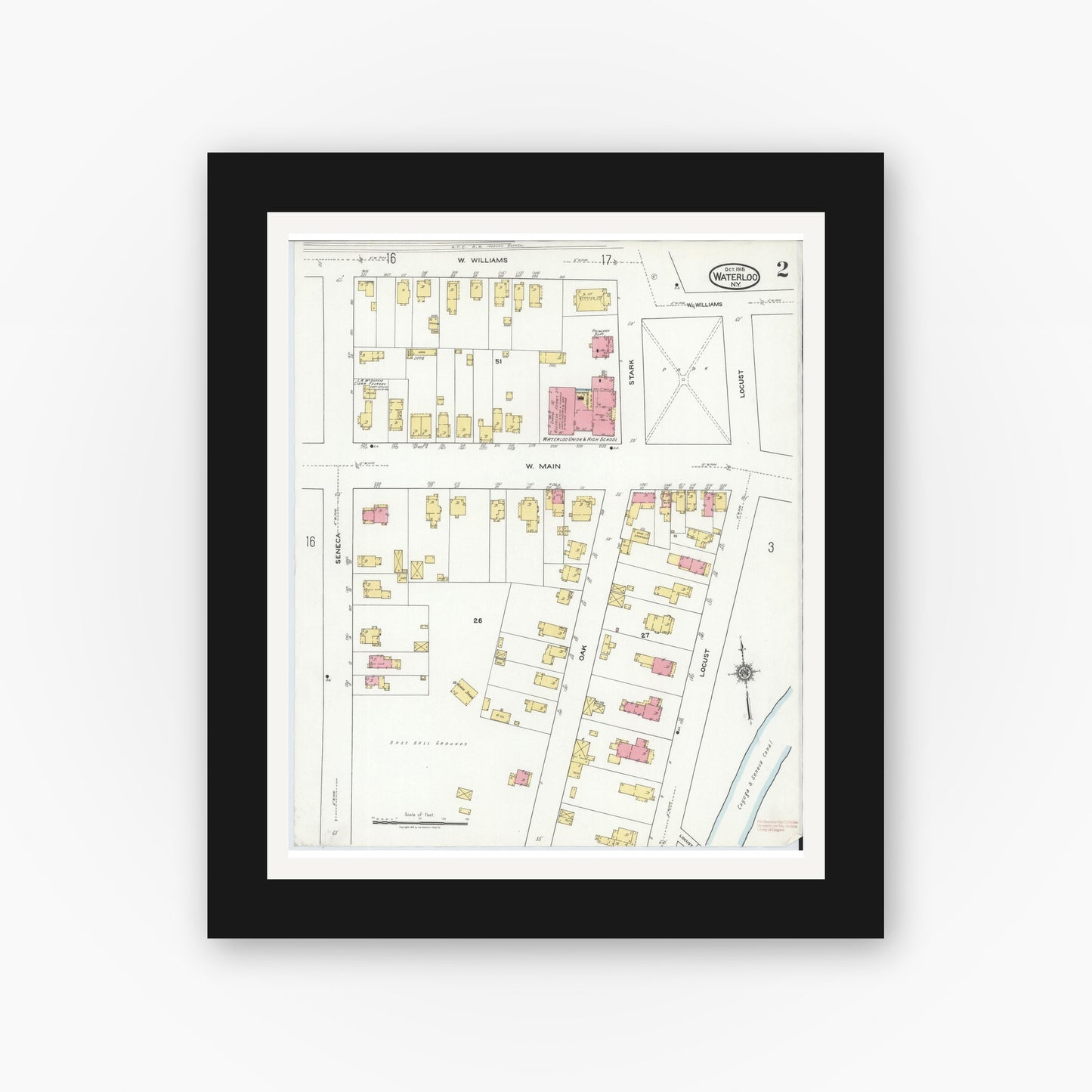 Old map wall art mockup — black gallery frame with white mat — Sanborn Fire Insurance Map from Waterloo, Seneca County, New York (1918), Sheet #0002